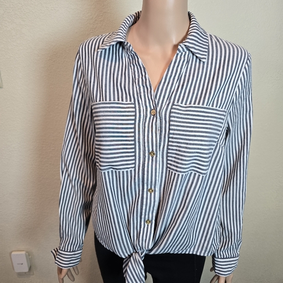 Michael Kors Tops - Michael Kors Blouse Striped Black White Tie Front Shirt Size Medium Pockets Fron